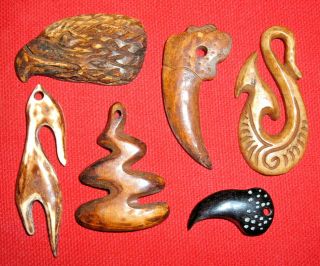 (6) Handmade Contemporary Carved Bone (bovine) Pendants (1 " To 2 ")