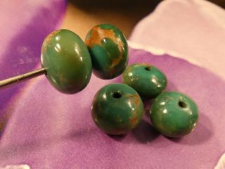 5 Antique Chinese Natural Aqua Turquoise Disc Shaped Beads 10.  7 To 9.  4 Mm Wide
