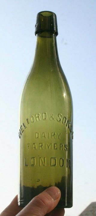 1910s Dark Green Welford Dairy London Swing Stopper Steri Milk Bottle Vase