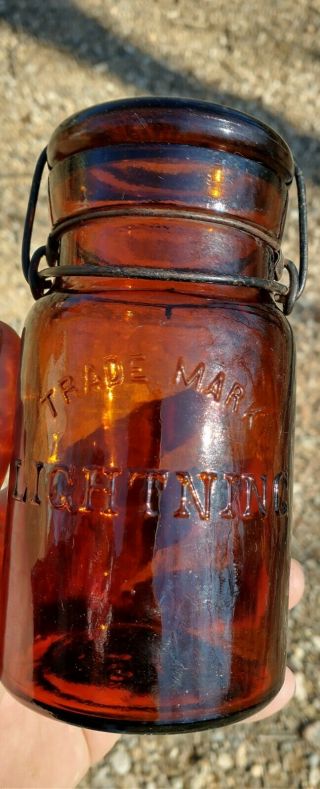 Antique Trademark Lightning " Pint " Fruit Jar Amber,  Putnam 75