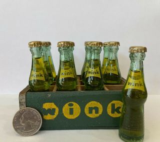 Rare Set Of 12 Vintage Miniature 3 " Wink Soda Bottles & Wood Crate Canada Dry