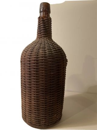Vintage Brown Glass Wine/whiskey Bottle/jug With Wicker Covering