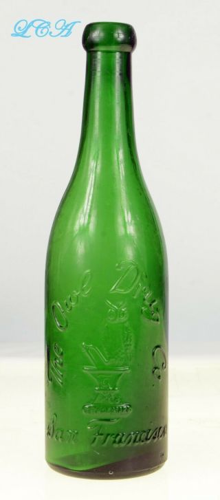 Antique Owl Drug Green Blob Top Cylinder Shape Citrate Magnesia Bottle Bold Owl