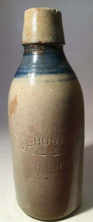Advertising Salt Glaze Cobalt Neck Stoneware Beer Bottle E.  L.  Husting Milwaukee