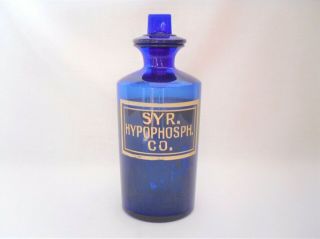 Antique / Vintage Blue Glass Chemist Pharmacy Bottle With Etched Wording