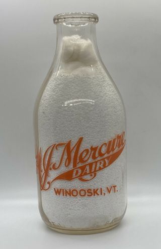 Vintage Antique Half Gallon Glass Milk Bottle H.  J.  Mercure Dairy Winooski,  Vt