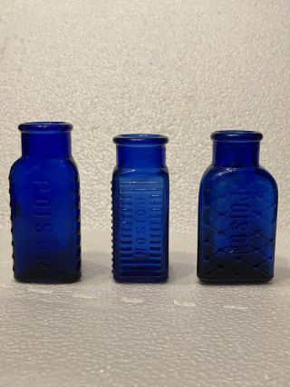 Set Of 3 Cobalt Blue Antique Poison Bottle