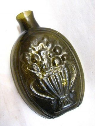 Antique Blown In Mold Olive Amber Glass Flask Cornucopia Basket Bottle W/pontil