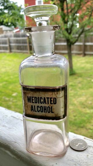 Antique Apothecary Label Under Glass “medicated Alcohol” Grd Glass Stopper