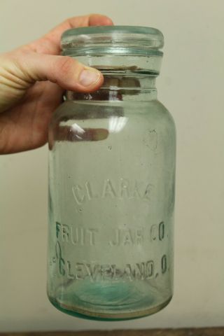 Antique Blue Aqua Quart Clarke Fruit Jar Cleveland Mason