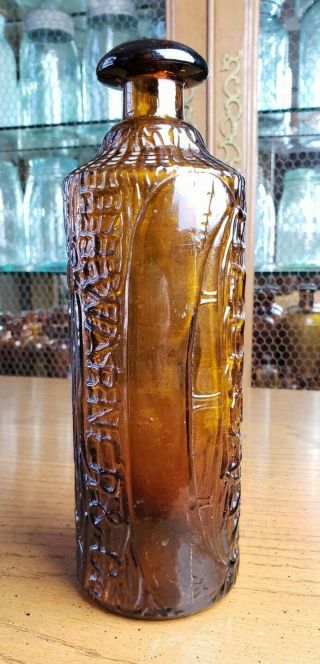 Antique 1880 ' s HH Warner & Co Tippecanoe Honey Amber Figural Bitters Bottle 3