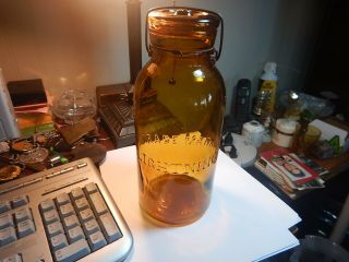 Golden Amber Lightning Fruit Jar Half Gallon Whittled And Bubbles Good One