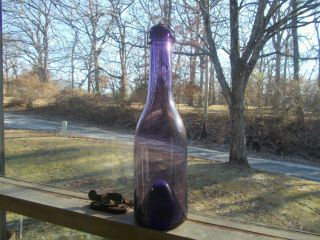 1850s Rare Amethyst Pontiled Dip Mold Blown Crude Wine Bottle With Top