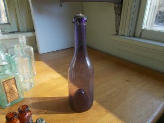 1850s RARE AMETHYST PONTILED DIP MOLD BLOWN CRUDE WINE BOTTLE WITH TOP 3