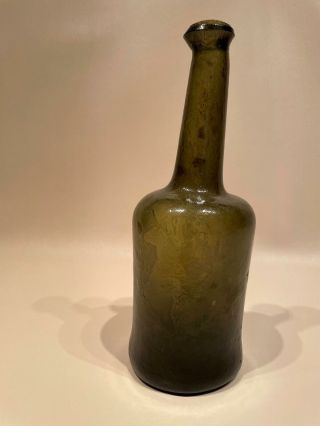 18th Century English Black Glass Long Neck Cylinder Wine Bottle Circa 1750