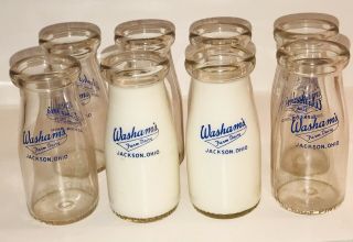 8 Vintage Washam’s Farm Dairy 1/2 Pint Mlik Bottle Blue Pyro - Jackson Ohio Wow