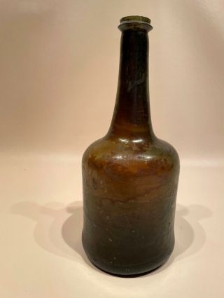 18th Century English Black Glass Long Neck Mallet Wine Bottle Circa 1750