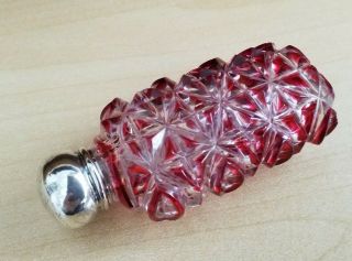 Antique Perfume Scent Bottle Solid Silver Cranberry Glass Overlay Stopper C1880