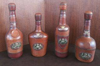 Unusual Set Of 4 Vintage Leather Wrapped Whiskey Decanter Glass Bottles Empty
