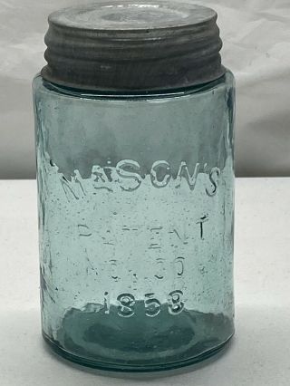 100’s Bubbles Mason’s Patent Nov.  30th 1858 Aqua Pt Fruit Jar Zinc Lid Polished