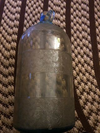 1932 Vintage Rare Blue Glass 2 1/4 Gallon Jug Bottle Fill Marks Intricate Design