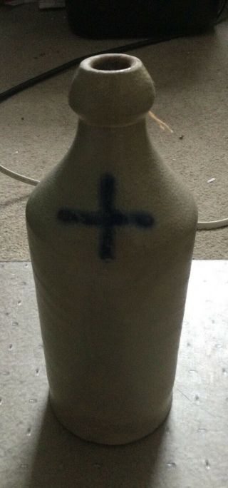 Rare 1850’s Stoneware Beer Bottle W/ Cobalt Blue Decorated Cross
