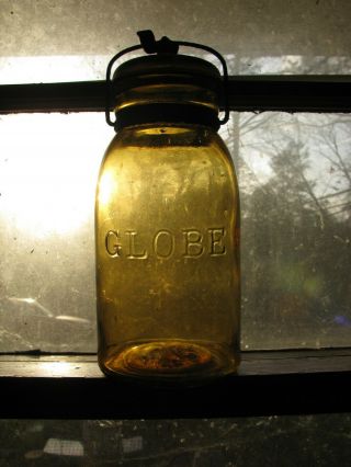 Yellow Amber Very Yellow Globe Fruit Jar Matching Lid Quart