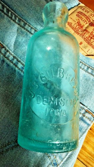 Vintage Aqua Blob Top Bottle Js Gilbreath Denison Iowa Rare Soda Beer Wis Milw