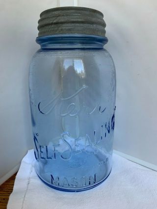 " Kerr Self - Sealing Trademark Reg Patented Mason " - Sky Blue Quart Fruit Jar