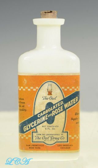 Old Owl Drug Co White Milk Glass Bottle Rare W/ Label Glycerine & Rose Water