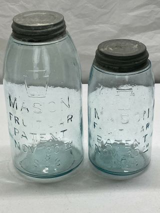 2 Keystone Mason’s Fruit Jar Patent Nov.  30th 1858 1/2 Gallon & Quart Rare