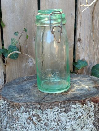 Vintage La Lorraine Canning / Fruit Jar W Closure,  Light Green Color.