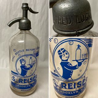 Vintage S.  Reiser Seltzer Syphon Bottle Brooklyn York Blue Art Deco Waiter