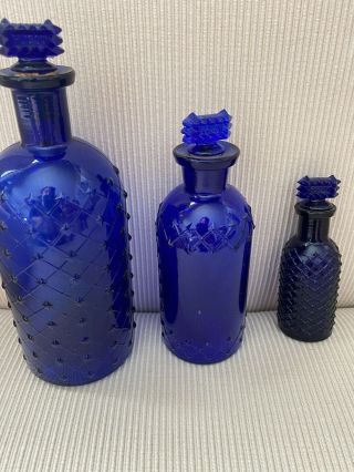 3 Rare Antique Cobalt Blue Lattice Poison Bottles Spike Stopper 8” 6” 41/2”