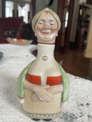 Antique Germany Porcelain Ink Bottle Old Woman,  Perfume Flask Decanter Bisque