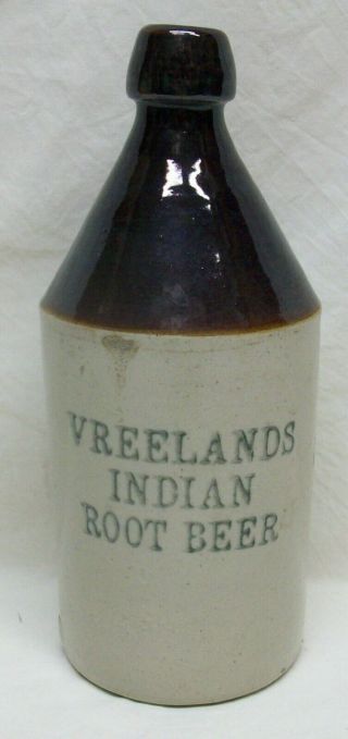 Antique " Vreelands Indian Root Beer " Stoneware Bottle Jug (10 " Tall) Exl Cond.