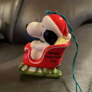 Vintage Snoopy In Sleigh 1978 Ceramic Ornament United Feature Syndicate
