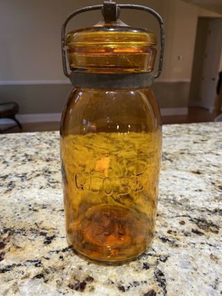Amber Globe Pint Fruit Canning Mason Jar Patented May 25th 1886 W/ Lid Read