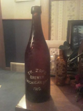 P.  H Zorn Brewer Quart Amber Blob Top Beer Bottle Michigan City Indiana In