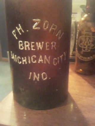 P.  H ZORN BREWER Quart Amber Blob Top Beer Bottle Michigan City Indiana IN 2