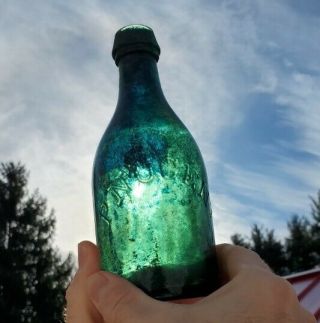 P Nugent 1852 - 1853 Green Lager Beer Bottle Iron Pontil Philadelphia Damage