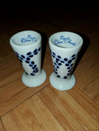 Set Of 2 Clase Azul Hand Painted White Blue Tequila Snifter Shot Glass 4”