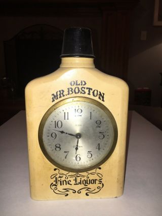 “old Mr.  Boston” Solid Wooden Liquor Advertising Bottle With Gilbert Metal Clock