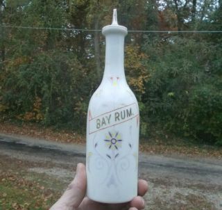 1880s Milkglass Bay Rum Hand Blown Barber Bottle With Stopper