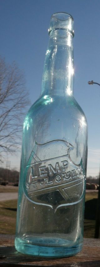St.  Louis,  Mo.  Lemp,  Bold Embossed,  Pint Sz.  Aqua Blob Top Beer,  Examp