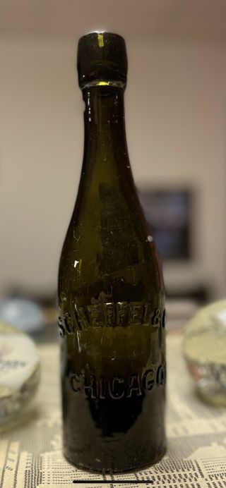 Scarce 1890’s Scheffel & Co,  Chicago Emerald Green Beer Bottle