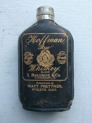 1900 Hoffman Rye Whiskey Hip Flask Leather Wrapped Glass Solomon Co.