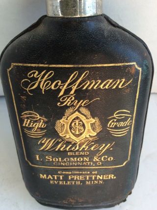 1900 HOFFMAN RYE WHISKEY HIP FLASK LEATHER WRAPPED GLASS SOLOMON CO. 2