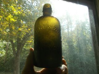 1850s Rough Pontil Clarke & White York Olive Green Pint Mineral Water Bottle