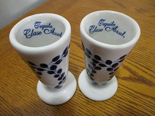 Set Of 2 Clase Azul Hand Painted White Blue Tequila Snifter Shot Glasses